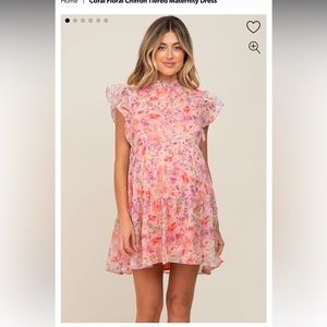 Coral Floral Chiffon Tiered Maternity Dress